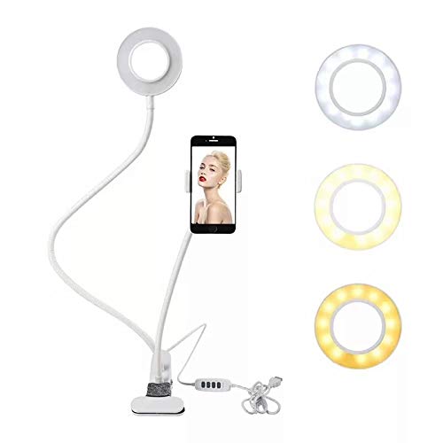 phonix usa clip on light reading lights - led usb book clamp light with 3 color modes, 10 brightness dimmer kids desk lamp, 360 ° flexible gooseneck bed night ring light with cell phone holder (white)