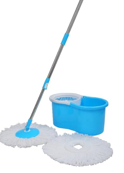 RS Industries Bucket Quick Spin Mop with 2 Microfiber Wet Dry Mophead Floor Cleaning pocha Extendable Handle Removable Wringer 360 degree Floor Cleaner Mopping Set (Random Colour) (Blue)