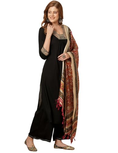 Image of Solid Ethnic Embroidered A-Line Pleated Kurta with Palazzo & Printed Dupatta