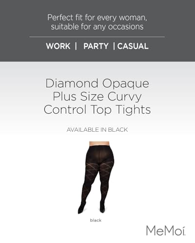 MeMoi Plus Size Diamond Opaque Curvy Tights, Comfortable Control Top Tights for Women - Sizes 1X-7X, Black2