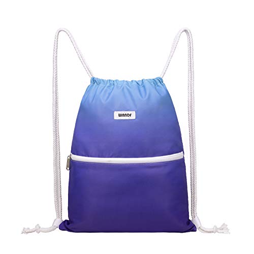 Drawstring Backpack String Bag Sackpack Cinch Water Resistant Nylon for Gym Shopping Sport Yoga by WANDF (A-Blue with zipper.)