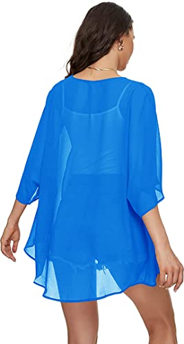 Image of Indian Trendy Women's Solid Puff Sleeve Kimono Cardigan Loose Cover Up Casual Blouse Top Chiffon