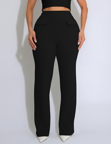 GOKATOSAU Women's Hight Waist Decorative Front Pocket Trousers Straight Wide Leg Long Flared Pants2