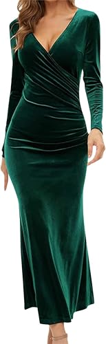 موتيم فستان نسائي ملفوف بقبة V واكمام طويلة من المخمل، فستان ضيق مكشكش لحفلات الكوكتيل والسهرة، تنورة طويلة للسيدات (الامارات العربية المتحدة/السعودية، الفا، XL، عادي، عادي، اخضر)