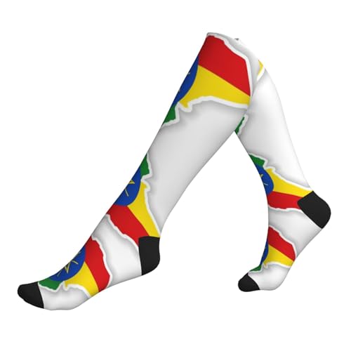 DUWAA Chaussettes de compression pour homme et femme avec drapeau de l'Éthiopie, imprimé carte du drapeau de l'Éthiopie, chaussettes de course à pied, chaussettes athlétiques, 2 Noir-2, Taille unique