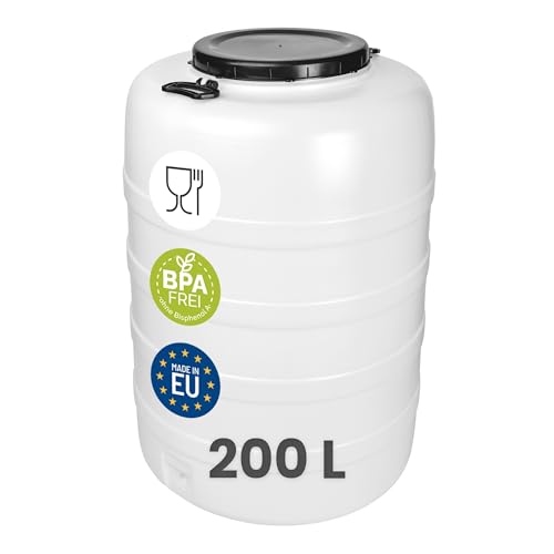 Garronda 200 L Bidon Barril de Plástico HDPE como Contenedor y Deposito para Agua y Alimentos para Almacenamiento, Fermentación y Recogida de Lluvia GD-0187 Blanco