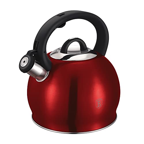 Berlinger Haus Whistling Tea Kettle for Stove Top, 3.2 Quart Stainless Steel Tea Pots for Stove Top, Stovetop Kettle with Push Button Handle, Enhanced Induction Base Stainless Steel Teapot, Red