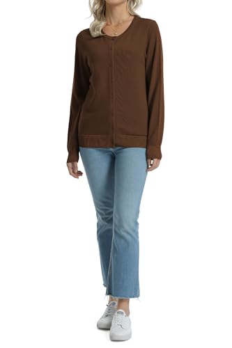 Image of QUALFORT Women's 100% Cotton Lightweight Cardigans Long Sleeve Knitted Button Down Sweater