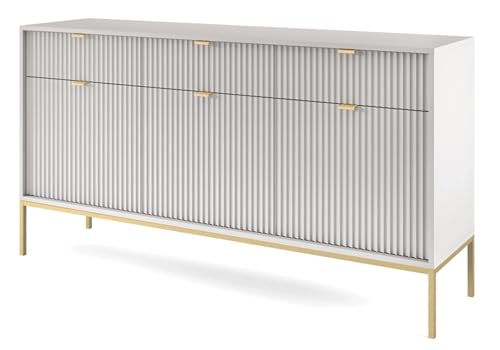 Selsey Soporte de TV Vellore 154×83×39 cm - Moderno y Elegante - Grisáceo con Detalles Dorados - Autoensamblaje - 3 Puertas, 3 Cajones de Almacenamiento - Diseño Geométrico Atemporal
