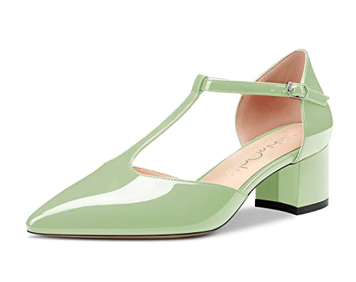 NobleOnly Women Chunky Block Low Kitten Heel Close Pointed Toe T-Strap Pumps Buckle Office Dress Shoes 2.0 Inches Heels