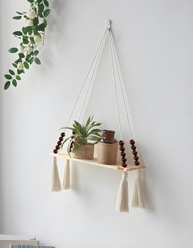 Image of Bohemian Macrame Hanging Wall Art Shelf - Rustic Wood Swing Decor with Beads & Tassels - Includes Adhesive Hook - Floating Plant Holder