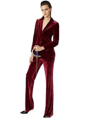 Women's Velvet Suit 2-Piece Set Notch Lapel Jacket & Pants for Party/Prom/Business/Casual