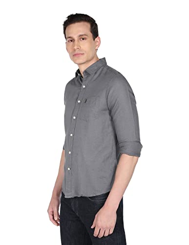 Image of U.S. Polo ASSN. Men's Solid Cotton Linen Tailored Fit Spread Collar Casual Shirt
