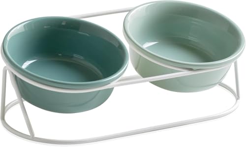 陶器 猫 食器2個セット 15度の傾斜 金属スタンド付き 頸椎を保護 ペット用皿 小型犬 水飲み皿・餌入れ両用 食洗機対応 (グリーン+クリーム) (B)
