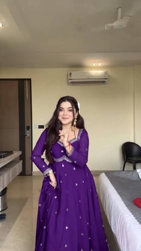 Image of Quteanza Fashion Women's Faux Georgette Purple Embroidered Anarkali Gown with Dupatta | Women's Embroidered Long Anarkali Gown with Dupatta