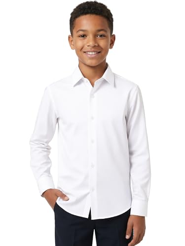Image of SOLOCOTE Boys White Button Down Dress Shirt Classic Long Sleeve Formal Collared School Uniform Tops for Kids