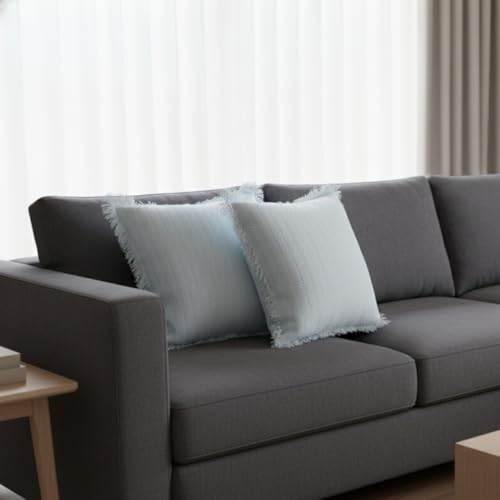 Image of Light Blue Cushion Covers - 16x16 Inch | Set of 2 | Hand-Woven Fringed Cotton Decorative Covers for Sofa, Living Room & Bedroom Decor | Square Shape Cushion Cases