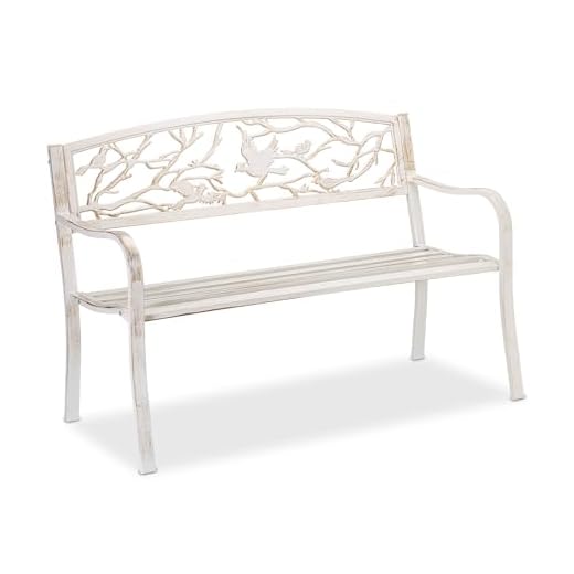 Relaxdays Banco Jardín, Adornos Pájaros, 2 Personas, Asiento Vintage, Balcón y Terraza, Acero, 87x127x57 cm, Romántico