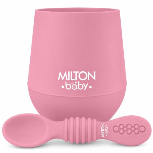 Image of MILTON baby Silicone Tumbler with Spoon I Baby & Toddler Training Cup & Spoon I BPA Free -100% Food Grade I Weighted Base to Prevent Tip-Overs I Anti Slip Bottom I Gentle on Tender Gums I Pink
