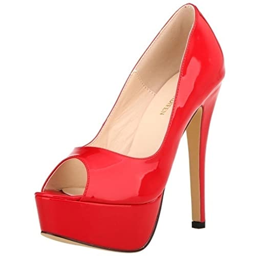 QIANKUN Escarpins Sexy à Bout Ouvert sur Plateforme pour Femme - Gros Talons Hauts en Cuir Verni - Escarpins Rouges de Mariage - Rouge, 41