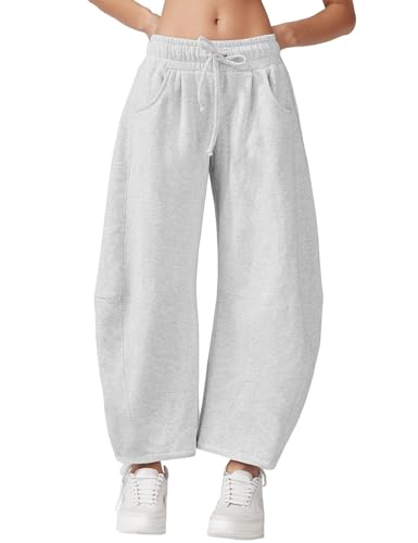 Wyeysyt Women's Barrel Leg Sweatpants Elastic Waistband Drawstring Wide Leg Pants Baggy Cotton Palazzo Pants with Pockets