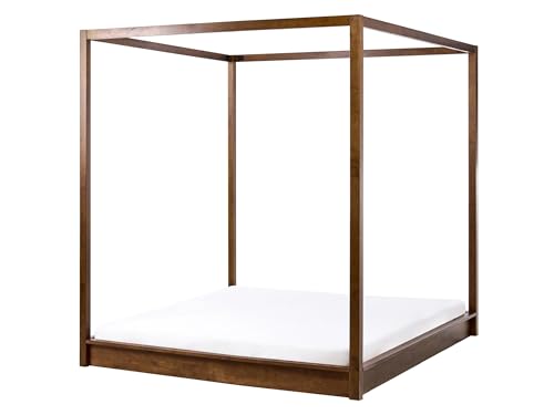 Beliani Lit à Baldaquin Minimaliste en Bois 160 x 200 cm Meuble de Chambre Marron Foncé Herliere