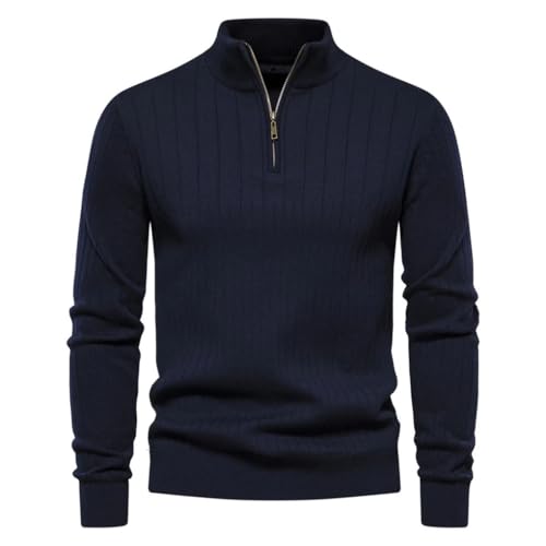 Men Zipper Pullover Handsome Sweaters Warm Men Stand Collar Cotton Knitted Sweater Navy L