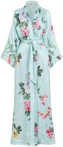 Aensso Long Floral Kimono Robe for Women Silky Lightweight Satin ...