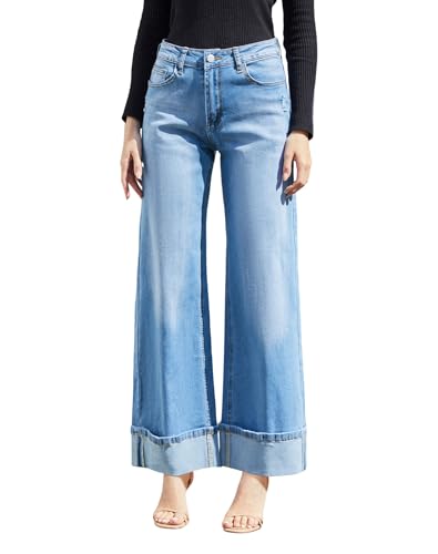 Womens Wide Leg Jeans High Waisted Stretchy Cuffed Baggy Denim Pants