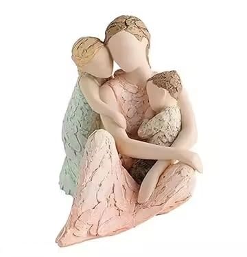 Image of Mother with Two Children (MA Bacha) Figurine, Resin Sculpture, Pastel Colors, Family Theme, Home Decor