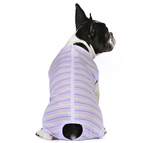 Image of Puppy Striped Recovery Suit for Female Male Dogs Cats,Zip Up Dog Onesie Recovery Shirt Abdominal Wounds,Professional Spay Neuter Dog Pet Bodysuit After Surgery Wear Anti Licking Wounds