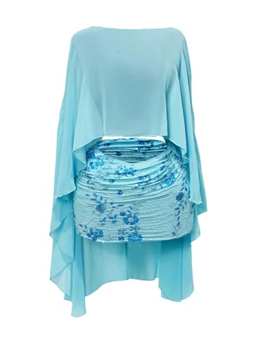Women's Sheer Poncho Tops High Low Chiffon Shawl Boat Neck Ruffle Hem Cape