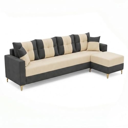 Image of Cavishq 5 Seater L Shape Sofa Set with Movable Ottoman | Flexible Layout | Luxury Velvet Suede Fabric | Modern Living Room Sofa | Dark Grey-Cream