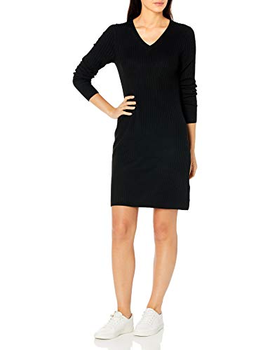 Amazon Essentials Women's Soft Ribbed Long Sleeve V-Neck Knee Length Classic Fit Sweater Dress, Black, Medium