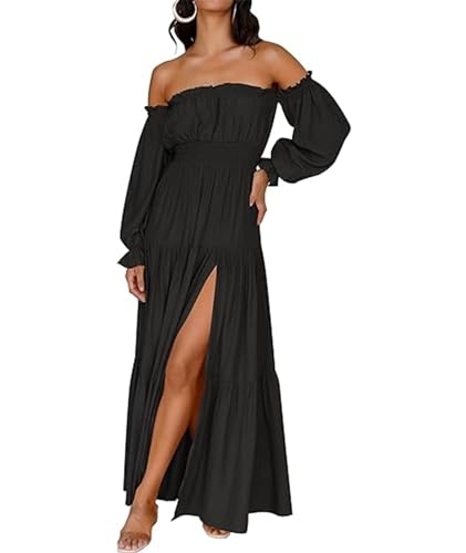 Image of ECDAHICC Women's Boho Sexy Off Shoulder Long Sleeve Maxi Dress High Waist Side Split A Line Tiered Long Dresses