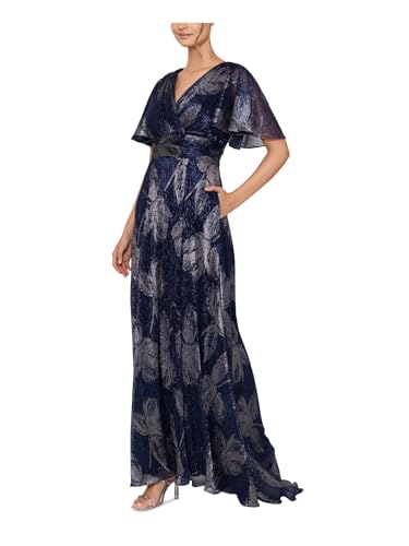 Betsy & Adam Women's V Neck Flutter Sleeve Metallic Print Flowy Dress2