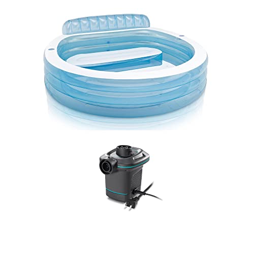 INTEX Swim Center Inflatable Family Lounge Pool: Built-In Bench Cup Holder 156 Gallon Capacity 90x86x31 Bundled with 120V Electric Air Pump