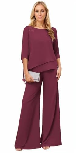 2 Pcs Pant Suits for Women Dressy Elegant Lace Applique Tiered Chiffon 3/4 Sleeve Mother of The Bride Pantsuits for Wedding
