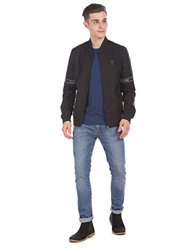 Image of US Polo Association Men Men Black Stand Collar Solid Full Sleeves Jacket