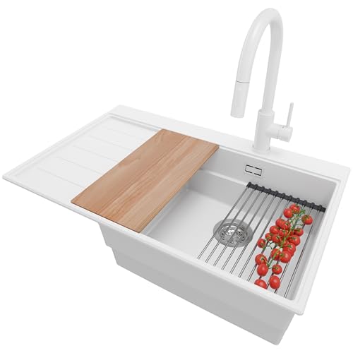 PRIMAGRAN Evier Cuisine en Granit Blanc 78x50cm, Lavabo 1 bac + Robinet 40x20cm + Kit de Vidage + Accessoires, Évier à Encastrer al mueble 50cm - Sydney S324