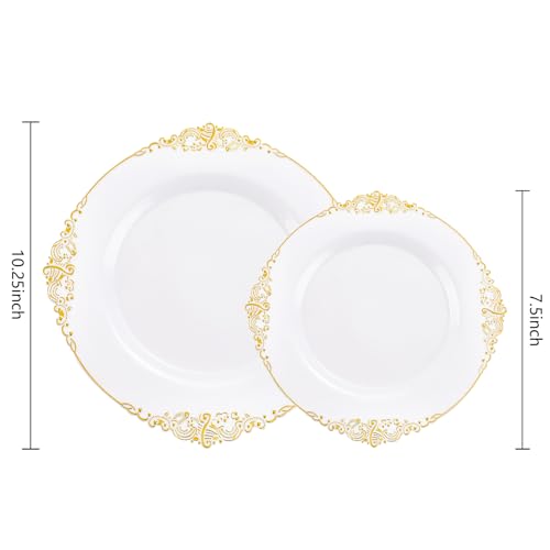 Joyido 102PCS White and Gold Plastic Plates - Gold Disposable Plates Include 51PCS 7.5inch Dessert Plates, 51PCS 10.25inch Dinner Plates Perfect for Weddings Parties