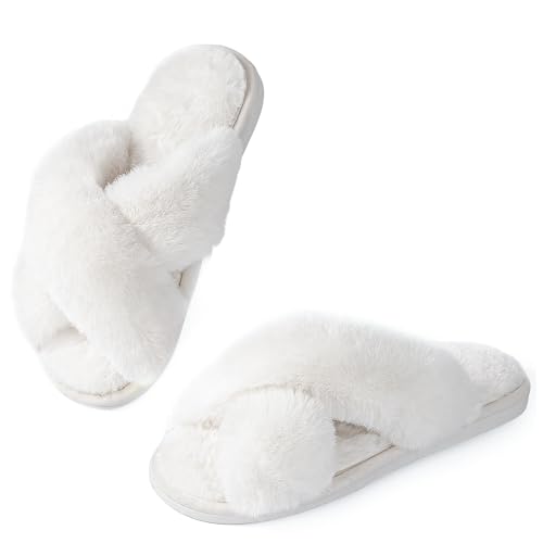 Image of Ankis Women's Fuzzy Slippers Cross Band Memory Foam Open Toe Comfy Soft House Shoes Anti-Slip Indoor Outdoor Gifts for Women