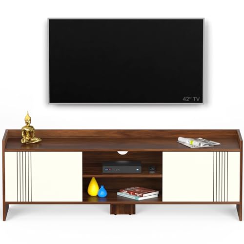 Image of BLUEWUD Charley Engineering Wood Floor Standing TV Entertainment Unit Set Top Box Stand /TV Cabinet Panel with Shelves for Books & Decor Display Unit Bed Living Room Upto 50 inch (Brown Maple & White)
