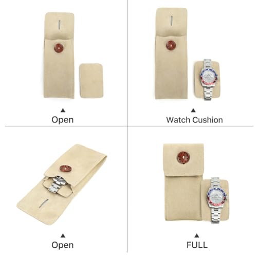 Image of CONTACT'S FAMILY Leather Watch Travel Case for 1 Watch (Beige) | Genuine suede leather, snap button closure, soft lining, ultra-compact 46g, vintage design, Valentine's gift for men.