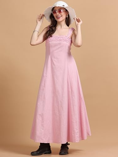 Image of Glam & Chique Women's 100% Cotton Textured Self Design Smocked Maxi Dress-XS-2XL