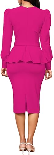 Image of Dresses for Women Elegant Long Sleeves Ruffles Pencil Knee Length Split Business Dress with Belt Zipper