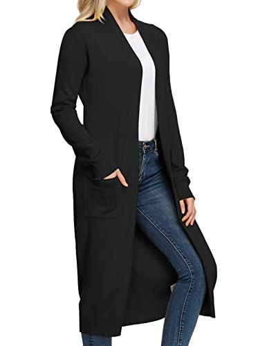 Women Sweaters Open Front Lightweight Soft Knit Cardigan With Pockets(M,Black) #TOP1