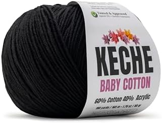 Keche Baby Cotton, 60% Cotton 40% Acrylic Yarn, Soft Cotton Yarn for Crochet and Knitting, Amigurumi Yarn 1 Skein/Ball 1.76 Oz (50g) / 180 Yrds (165m) - Black