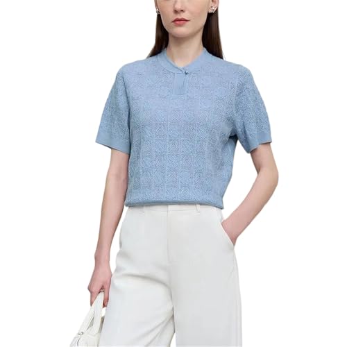 Women's Stand Collar Cutout Button Knit Top Short Sleeve Straight