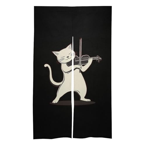 Cat Playing Violin Noren Doorway Split Shower Curtain Long Type Window Treatment for Privacy Partition Divider